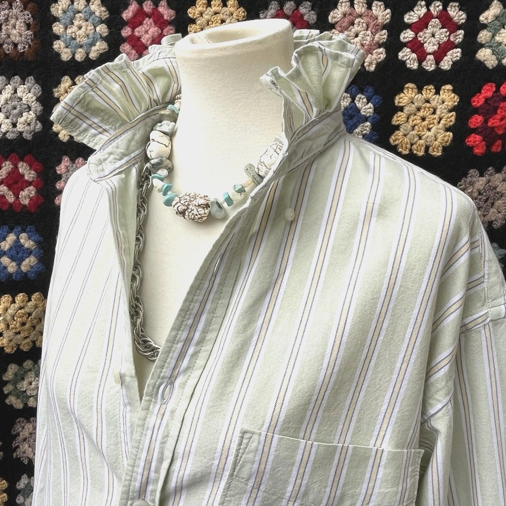 Upcycled Coastal Boyfriend IZOD Celery Green Yellow Stripe Ruffle Collar Size XL